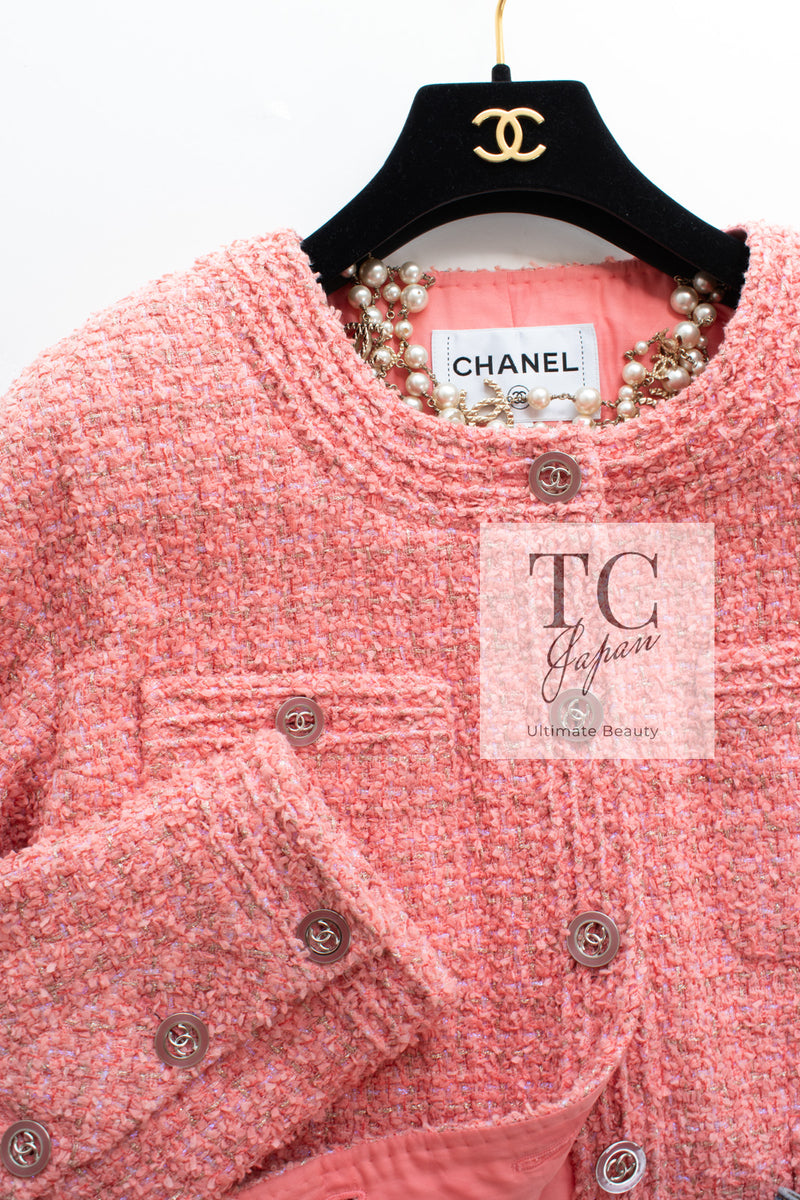 CHANEL 20PS Pink Collarless Tweed Jacket 38 40 シャネル ピンク 襟なし ココボタン ツイード ジャケット 即発