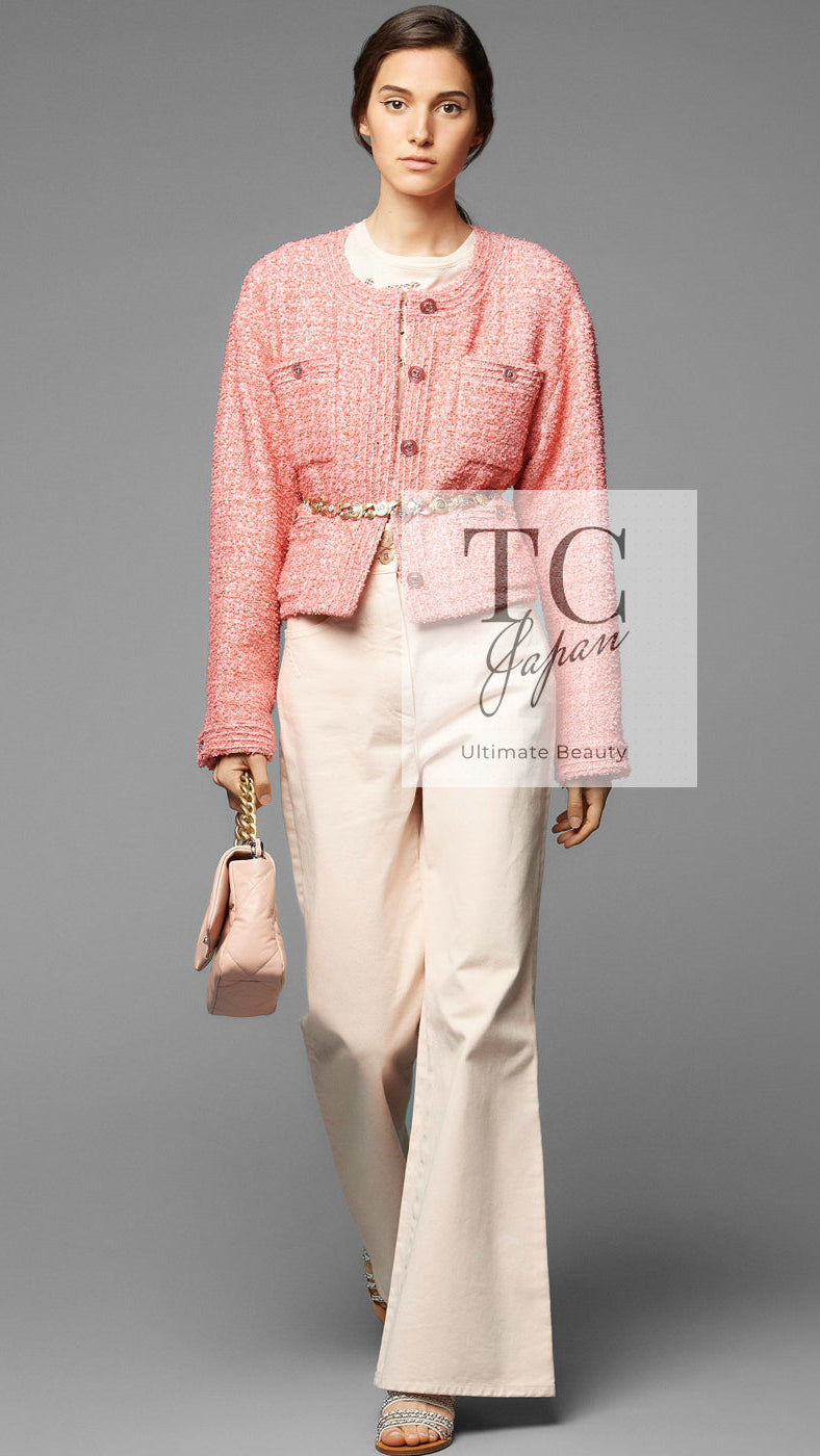 CHANEL 20PS pink collarless tweed jacket styled on a model