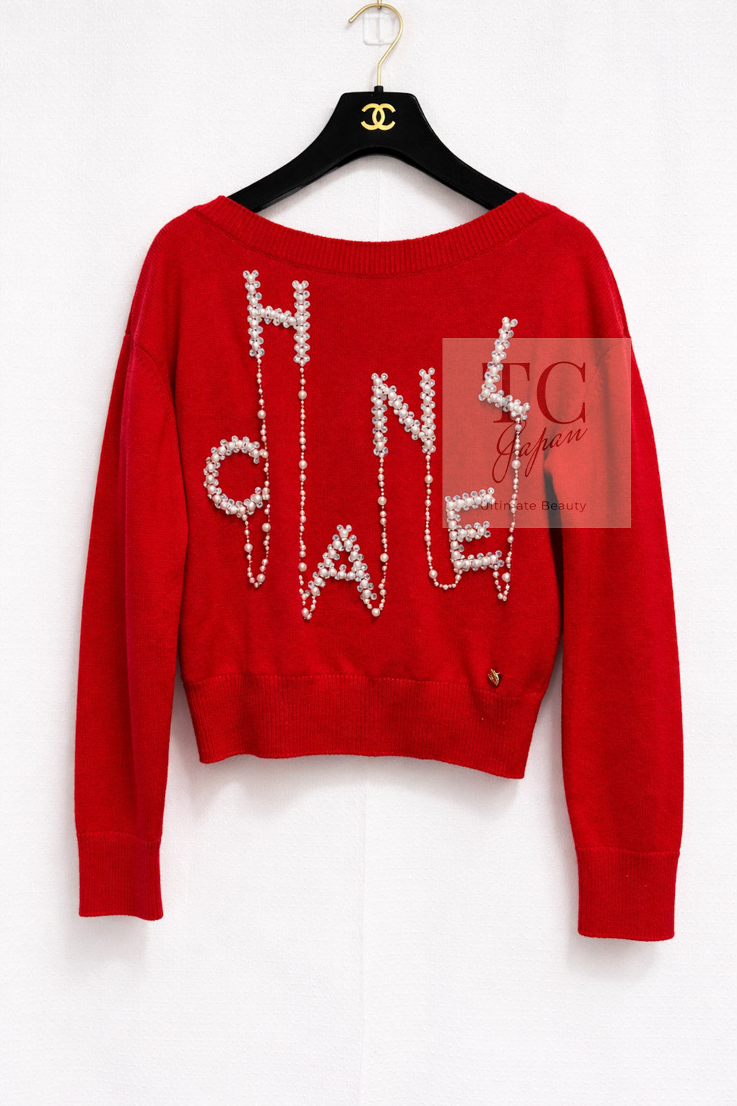 CHANEL 21S Red Cashmere Pearl Logo Knit Sweater 36 38 シャネル レッド カシミヤ 100% パール ロゴ ニット セーター 即発