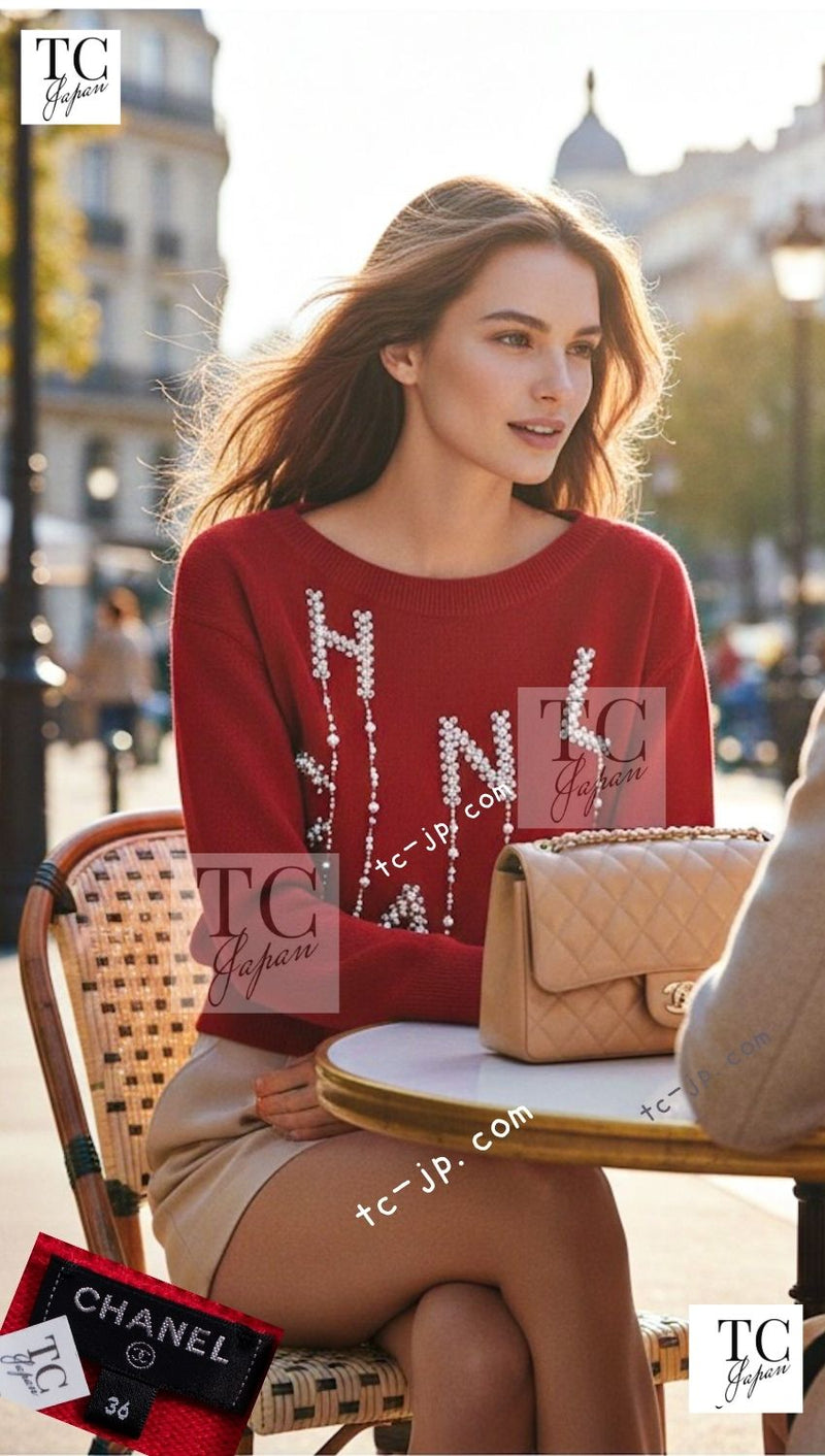 CHANEL 21S Red Cashmere Pearl Logo Knit Sweater 36 38 シャネル レッド カシミヤ 100% パール ロゴ ニット セーター 即発 - TC JAPAN