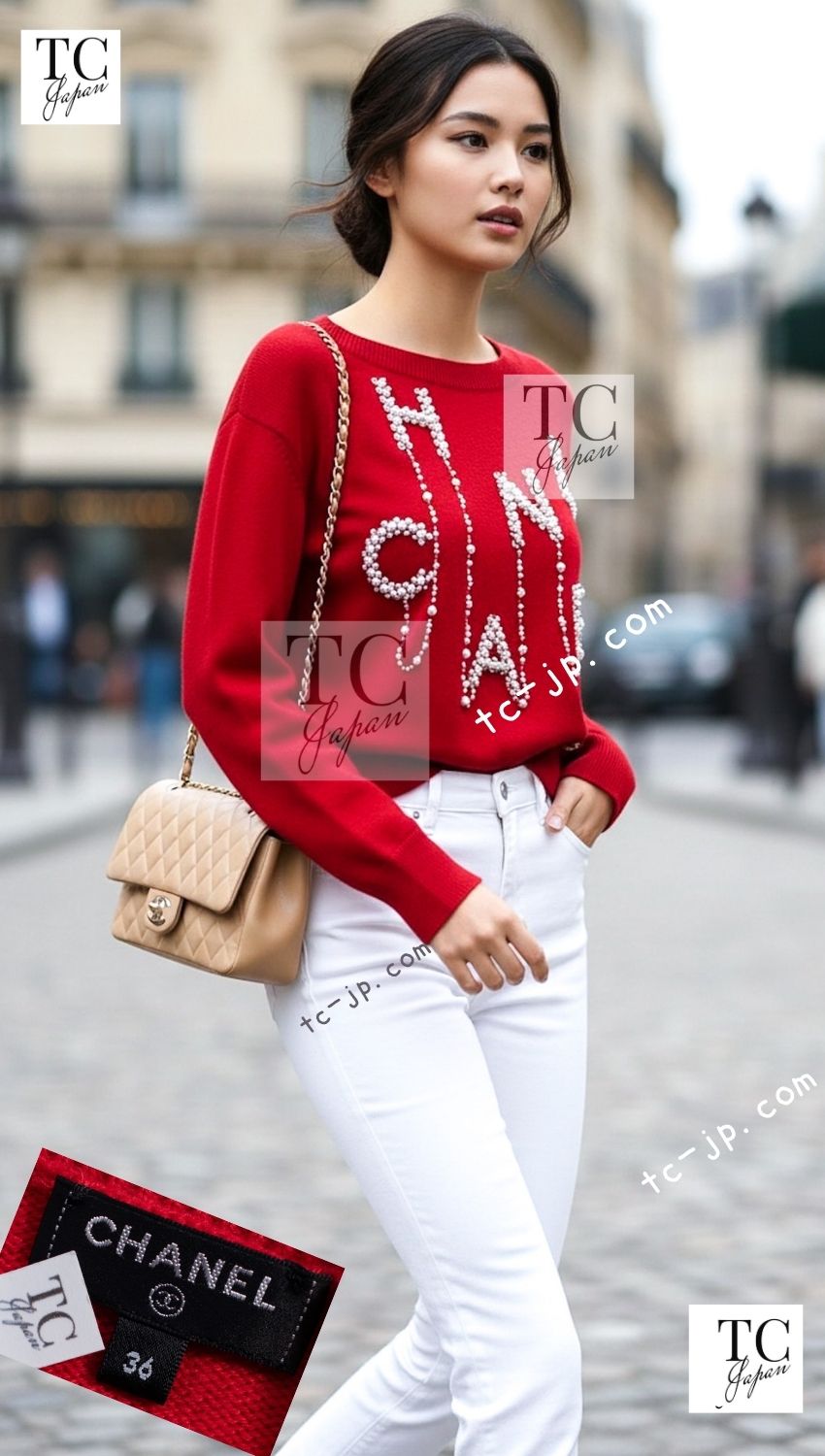 シャネル CHANEL ニット セーター パール レッド パール付き カシミヤ 