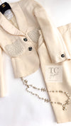 CHANEL 90S Vintage Ivory Cream Pearl Pocket Silk Skirt Jacket Suit 38 シャネル ヴィンテージ アイボリー クリーム パールいっぱい シルク スカート ジャケット スーツ 即発