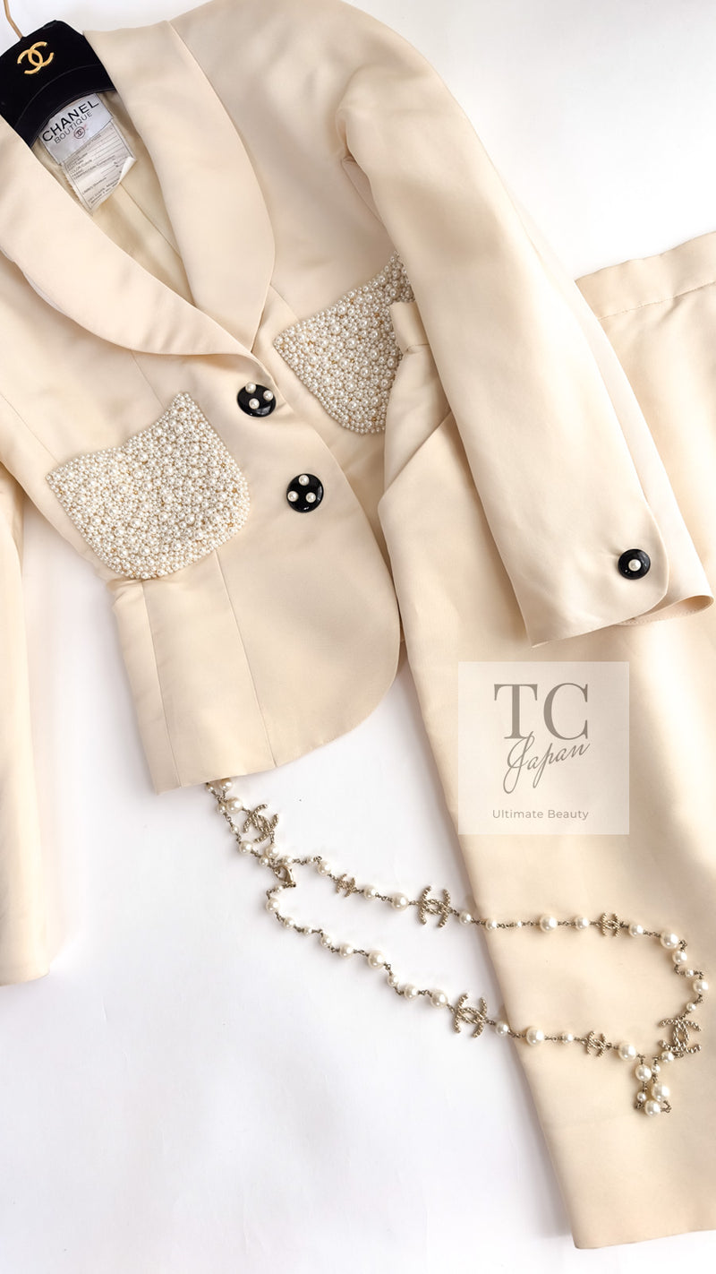 CHANEL 90S Vintage Ivory Cream Pearl Pocket Silk Skirt Jacket Suit 38 シャネル ヴィンテージ アイボリー クリーム パールいっぱい シルク スカート ジャケット スーツ 即発