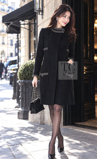 CHANEL Jacket Coat 14C Ivory Black Trim Stand Collar Wool 40 | HK