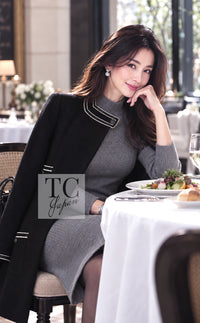 CHANEL Jacket Coat 14C Ivory Black Trim Stand Collar Wool 40 | HK