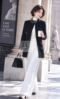 CHANEL Jacket Coat 14C Ivory Black Trim Stand Collar Wool 40 | TW