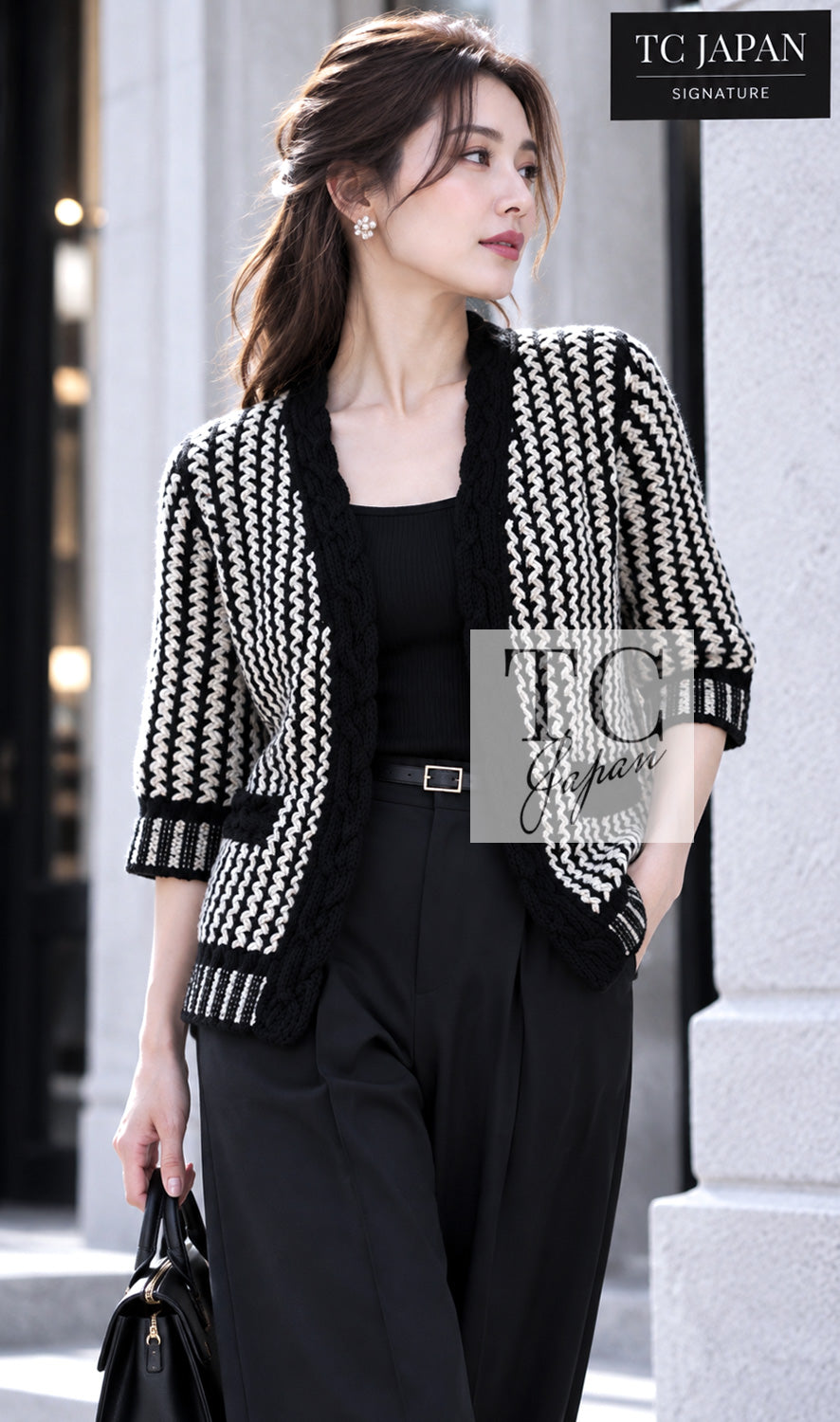 CHANEL Jacket Cardigan Skirt Set 18PS Black Off White Cotton Knit 36 38 | TW