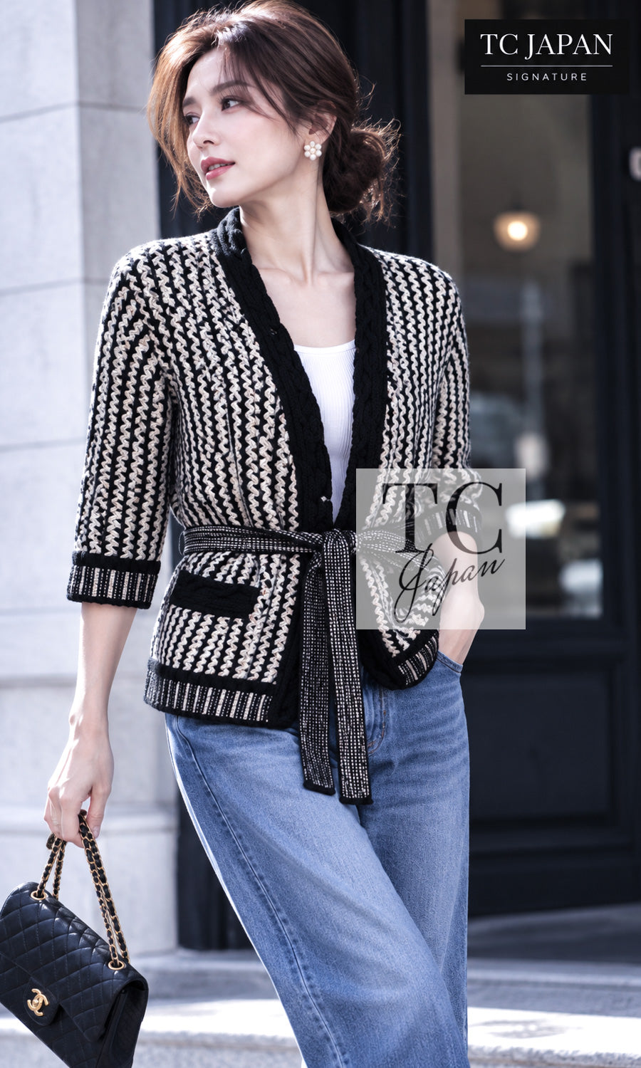 CHANEL Cardigan 18PS Black Off White Cotton Knit 38 40 | UK