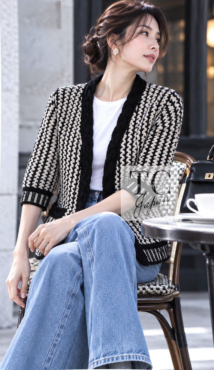 CHANEL Cardigan 18PS Black Off White Cotton Knit 38 40 | UK