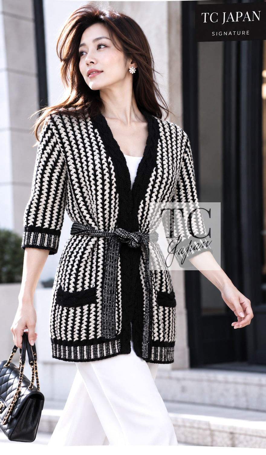 CHANEL Jacket Cardigan Skirt Set 18PS Black Off White Cotton Knit 36 38 | TW