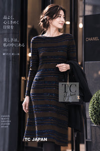 シャネル ワンピース CHANEL 20C オリーブ グリーン ネイビー ストライプ カシミヤ ニット ボーダー 36