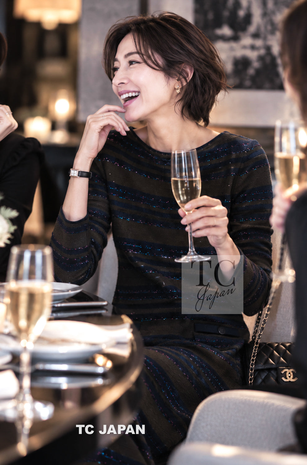シャネル ワンピース CHANEL 20C オリーブ グリーン ネイビー ストライプ カシミヤ ニット ボーダー 36