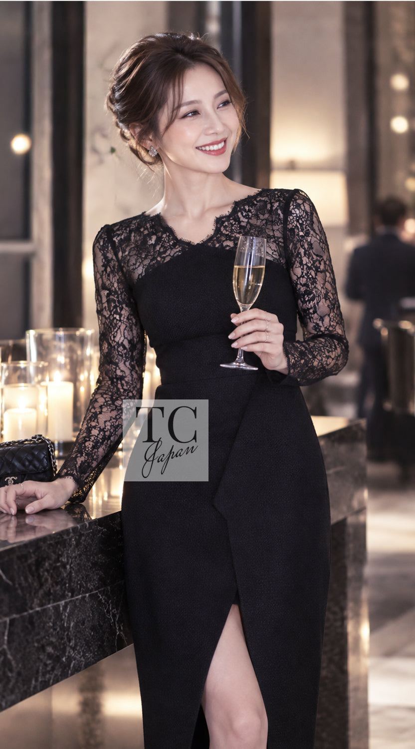CHANEL 12A $12K Black Lace CC Logo Zipper Party Long Dress 42 | TW