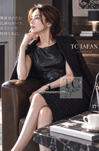 CHANEL Jacket 14A Black Leather Collar Zipup Wool Tweed 34 38 40 | TW
