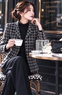 シャネル ジャケット CHANEL 10S ブラック ホワイト コットン シルク CC パール ボタン ツイード ココボタン 38 40