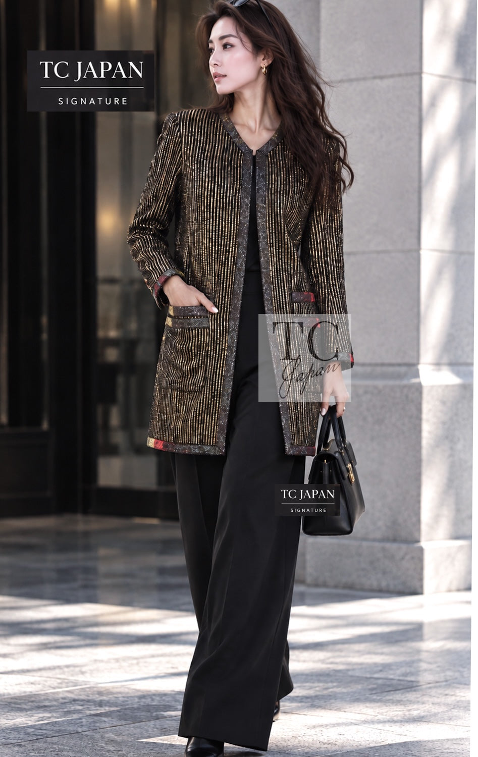 CHANEL Jacket Coat Skirt Set 10C Gold Metallic Stripe Setup 34 | US