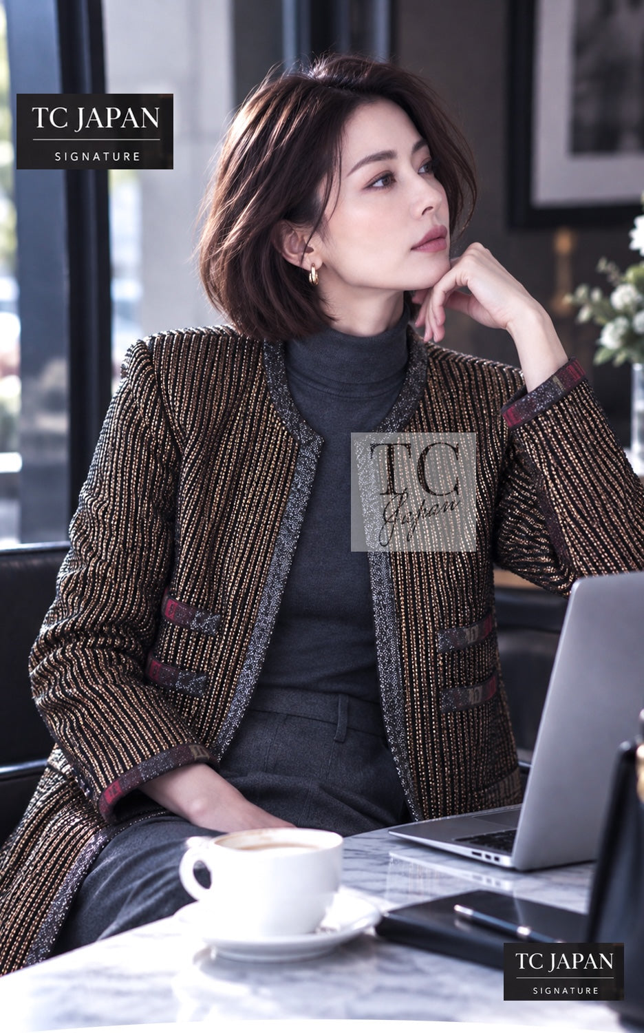CHANEL Jacket Coat Skirt Set 10C Gold Metallic Stripe Setup 34 | US