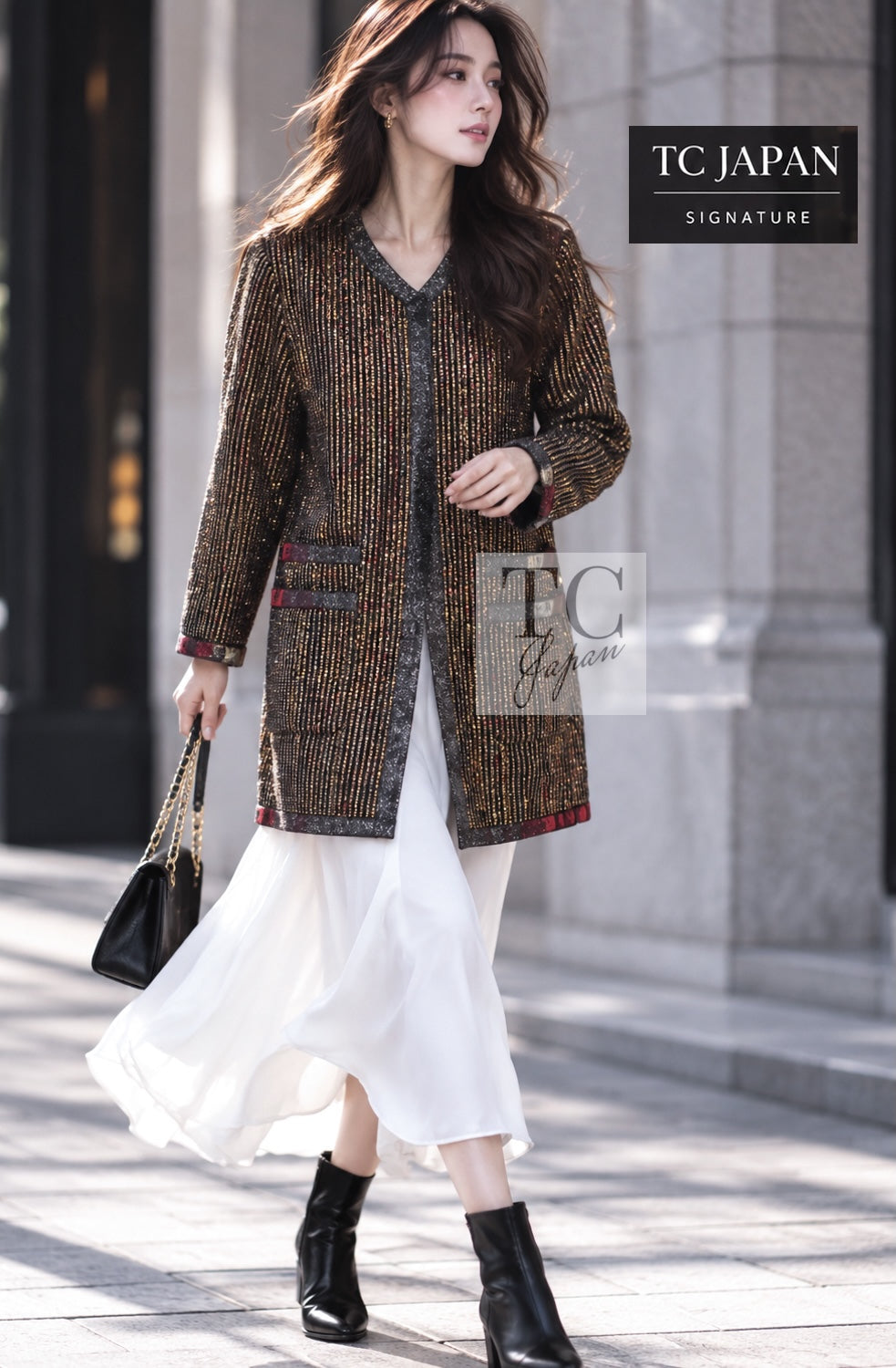 CHANEL Jacket Coat Skirt Set 10C Gold Metallic Stripe Setup 34 | US
