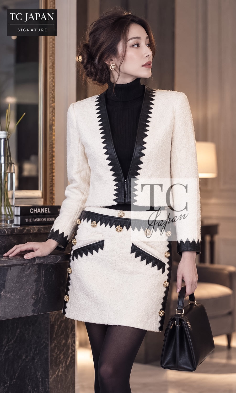 CHANEL Jacket 15PF Black Wool Mohair Leather Trim Collarless 34 | UK