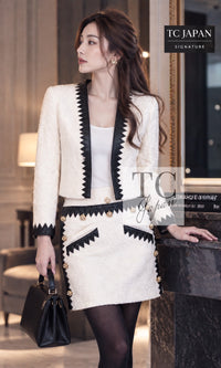 CHANEL Jacket Skirt Suit 15PF Ivory Wool Mohair Leather Trim 34 36 | TW