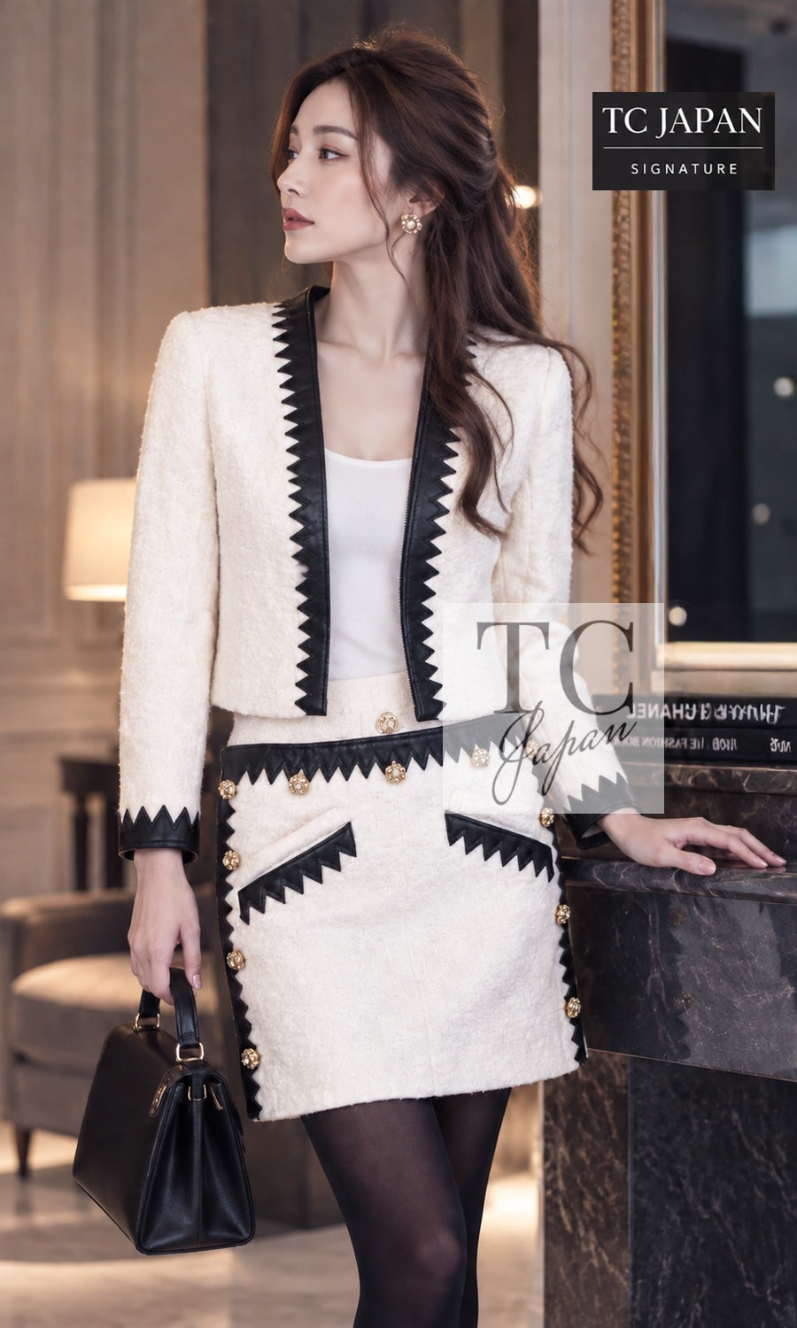 CHANEL Jacket 15PF Black Wool Mohair Leather Trim Collarless 34 | UK