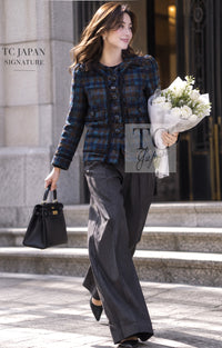 CHANEL Jacket 15A Blue Khaki Check Pattern Wool Tweed 38 | HK