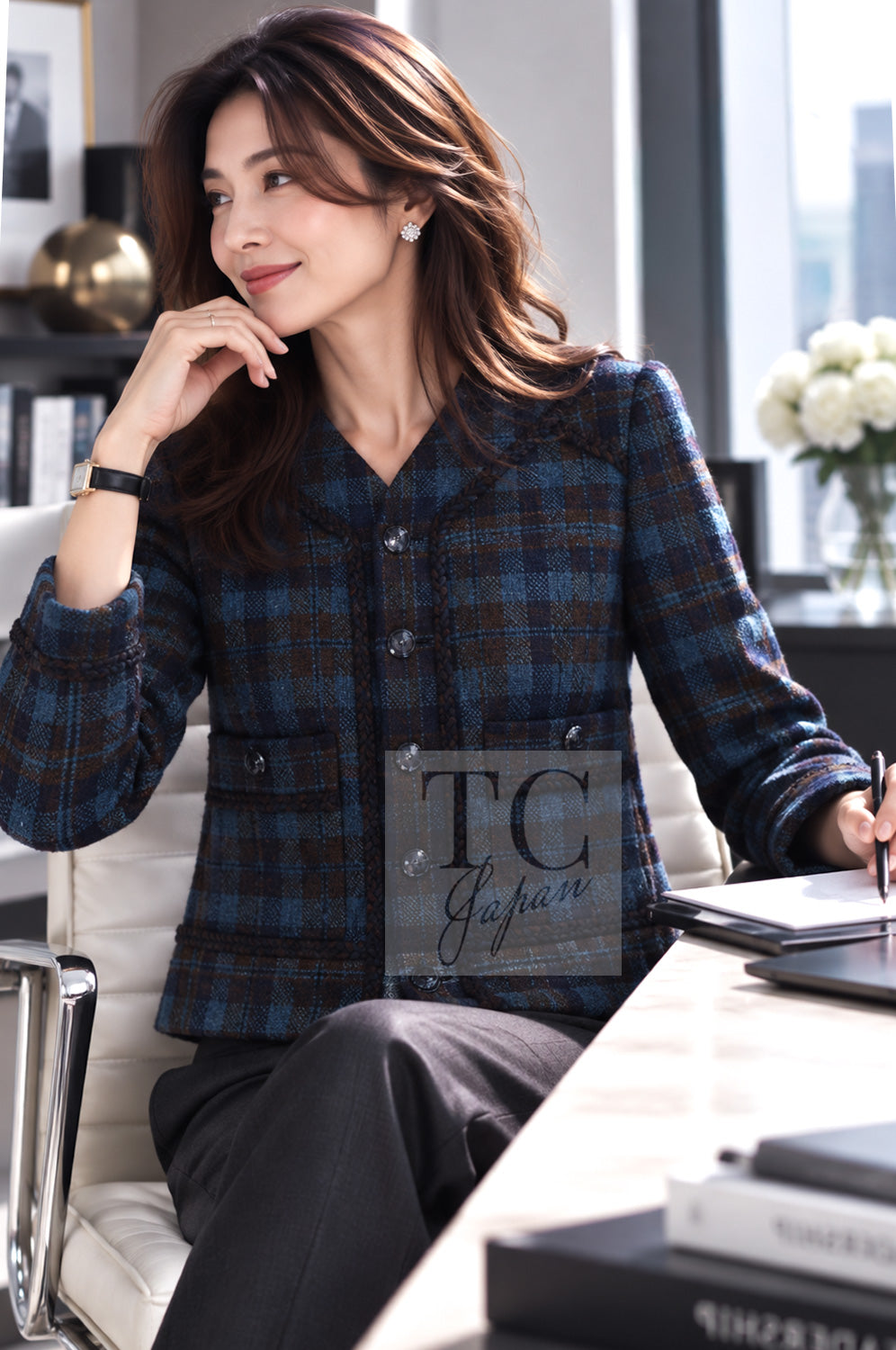 CHANEL Jacket 15A Blue Khaki Check Pattern Wool Tweed 38 | HK