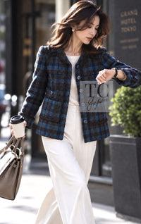 CHANEL Jacket 15A Blue Khaki Check Pattern Wool Tweed 38 | HK