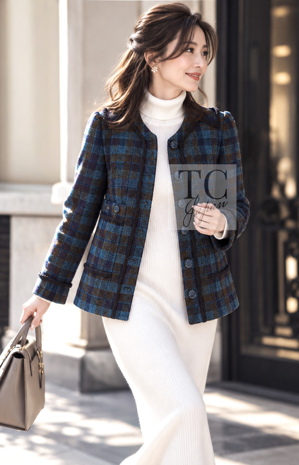 CHANEL Jacket 15A Blue Khaki Check Pattern Wool Tweed 38 | HK