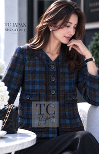 CHANEL Jacket 15A Blue Khaki Check Pattern Wool Tweed 38 | HK