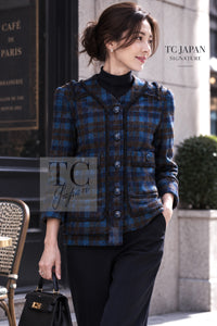 CHANEL Jacket 15A Blue Khaki Check Pattern Wool Tweed 38 | HK
