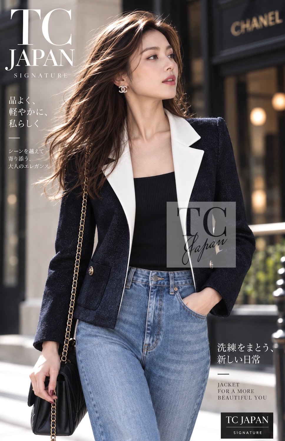 シャネル ジャケット CHANEL 10C ネイビー アイボリー ボタン クリスタル グリポア宝石ボタン 34 36