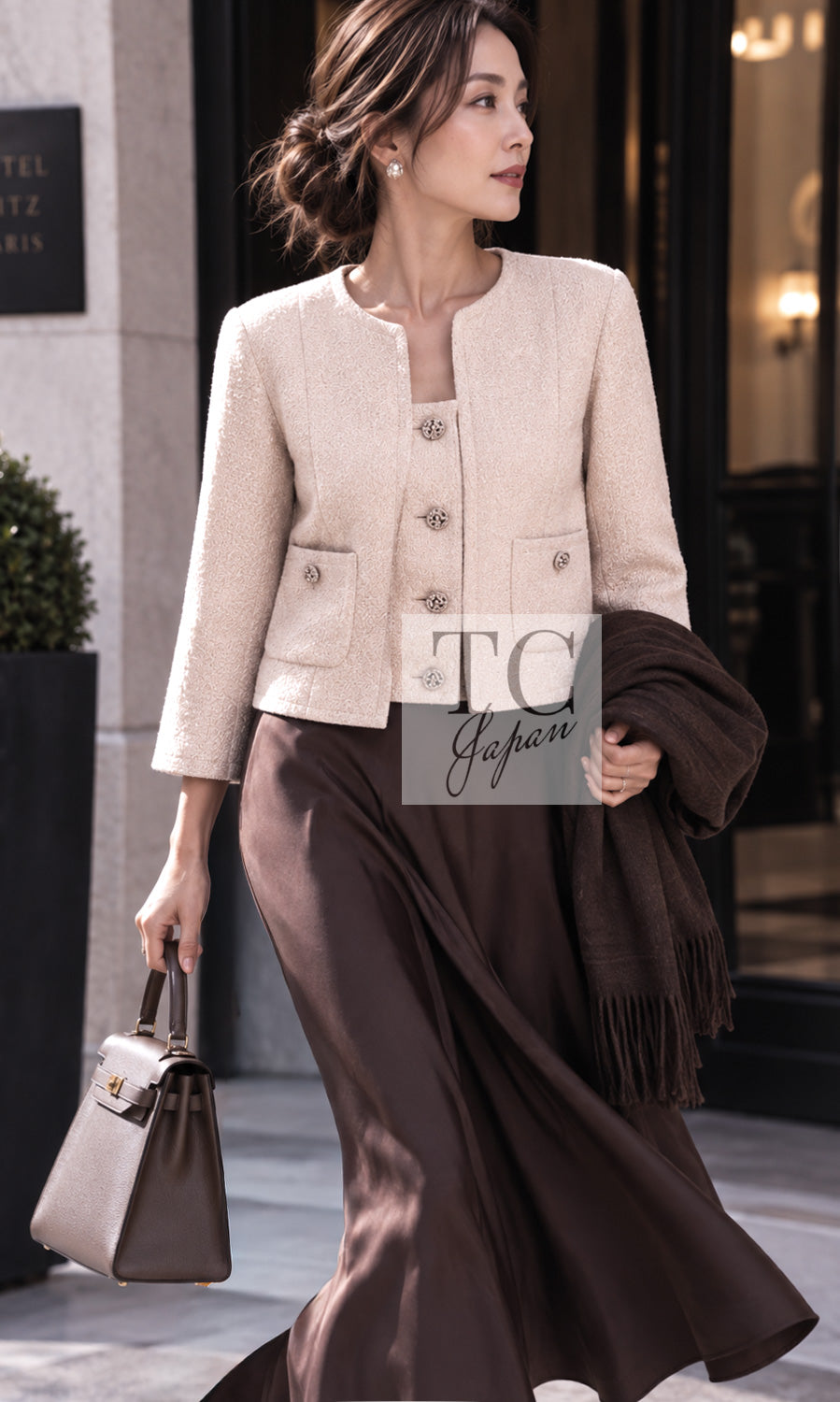 シャネル ジャケット CHANEL 14C ベージュ CC ボタン クロップド CCロゴボタン 40 42