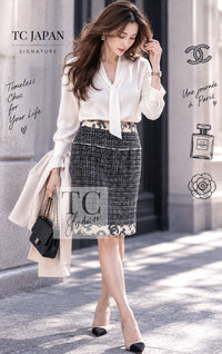 CHANEL Jacket Skirt Suit 06S Gray Beige CC Logo Tweed 38 | UK