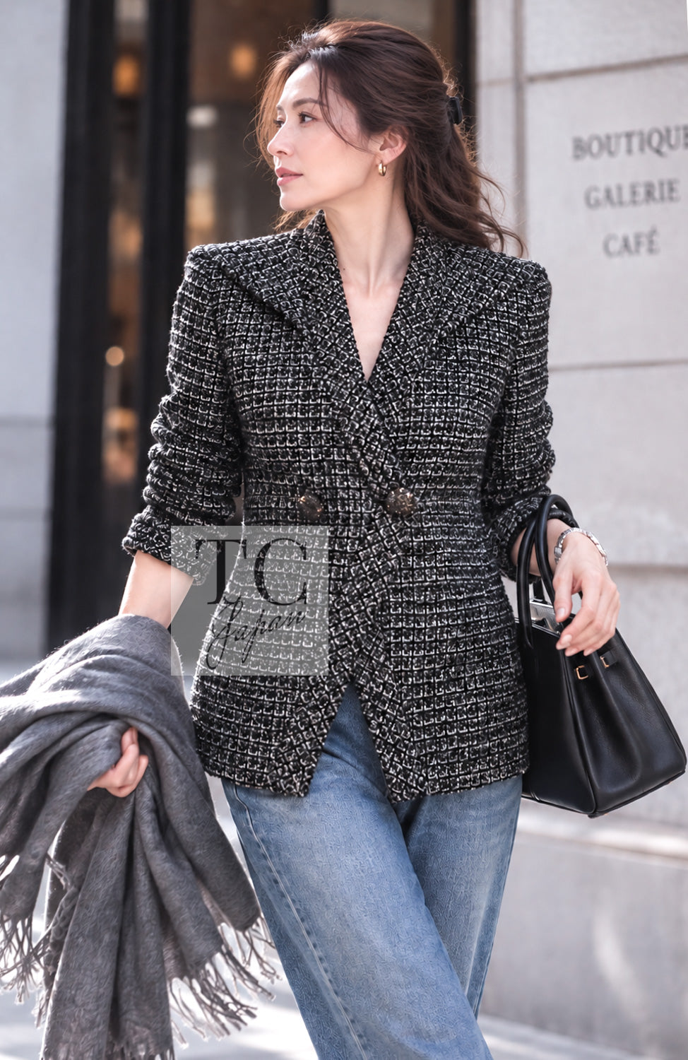 シャネル ジャケット CHANEL 12A グレー ブラック シルバー ゴールド メタリック ツイード 38