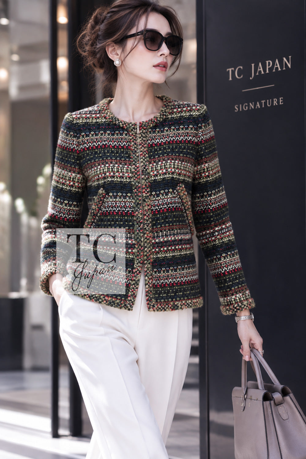 CHANEL Jacket 15PF Beige Green Black Tweed Multicolor 38 | TW