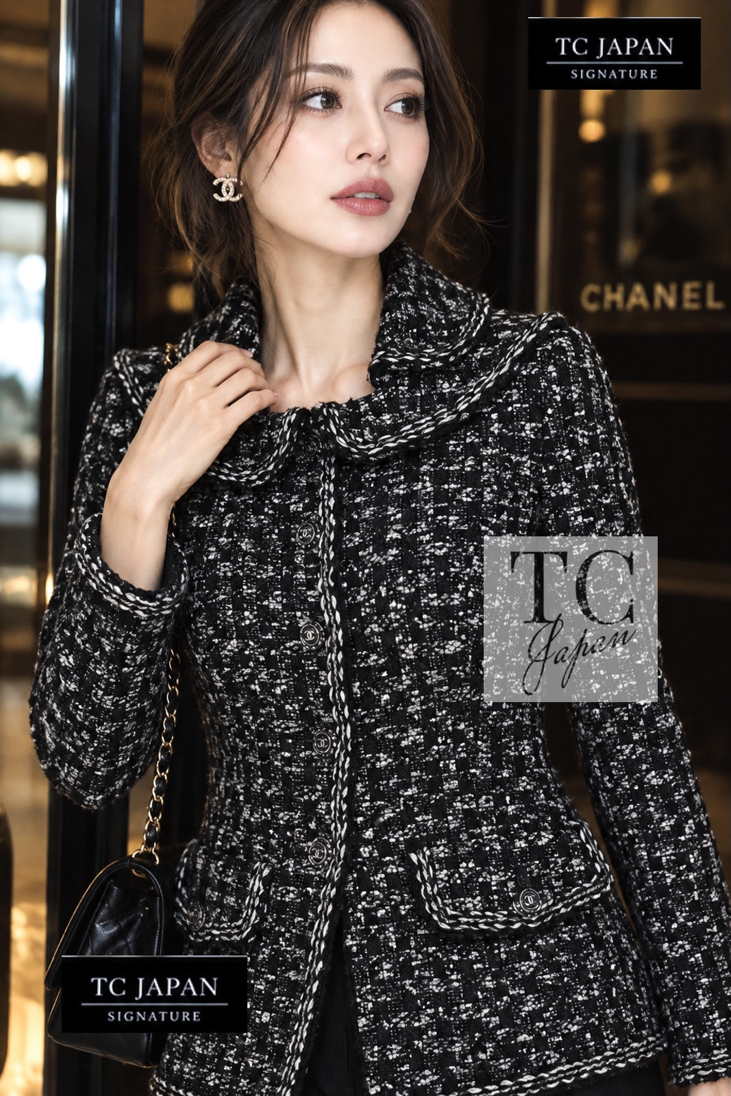 CHANEL Jacket 13B Black Peter Pan Collar CC Button Wool Tweed 42 | TW