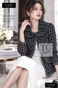 CHANEL Jacket 13B Black Peter Pan Collar CC Button Wool Tweed 42 | TW