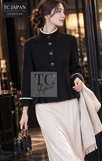 シャネル ジャケット CHANEL 18PA ブラウン ウール 襟 ツイード 100 スタンド カラー プリーツ 42