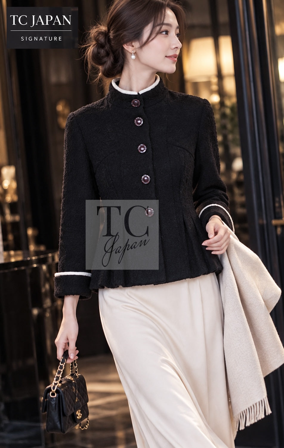 シャネル ジャケット CHANEL 18PA ブラウン ウール 襟 ツイード 100 スタンド カラー プリーツ 42