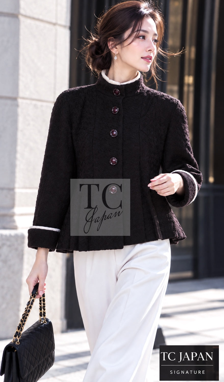 シャネル ジャケット CHANEL 18PA ブラウン ウール 襟 ツイード 100 スタンド カラー プリーツ 42