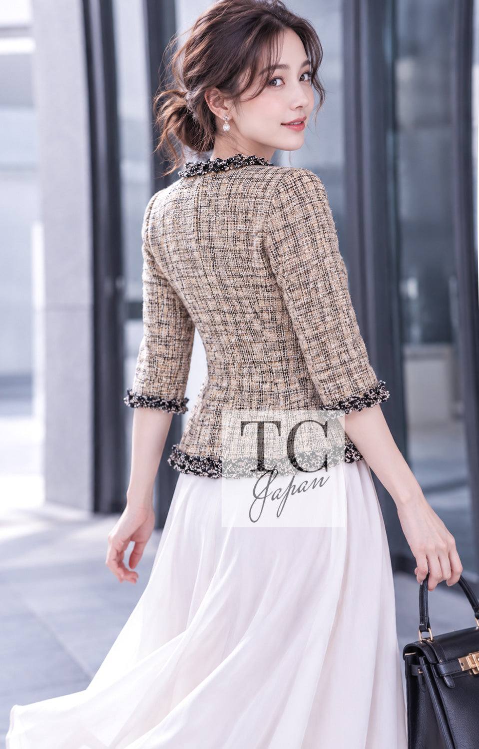 CHANEL Jacket 03S Beige Cotton Ruffled Floral Trim Tweed 36 38 | INT
