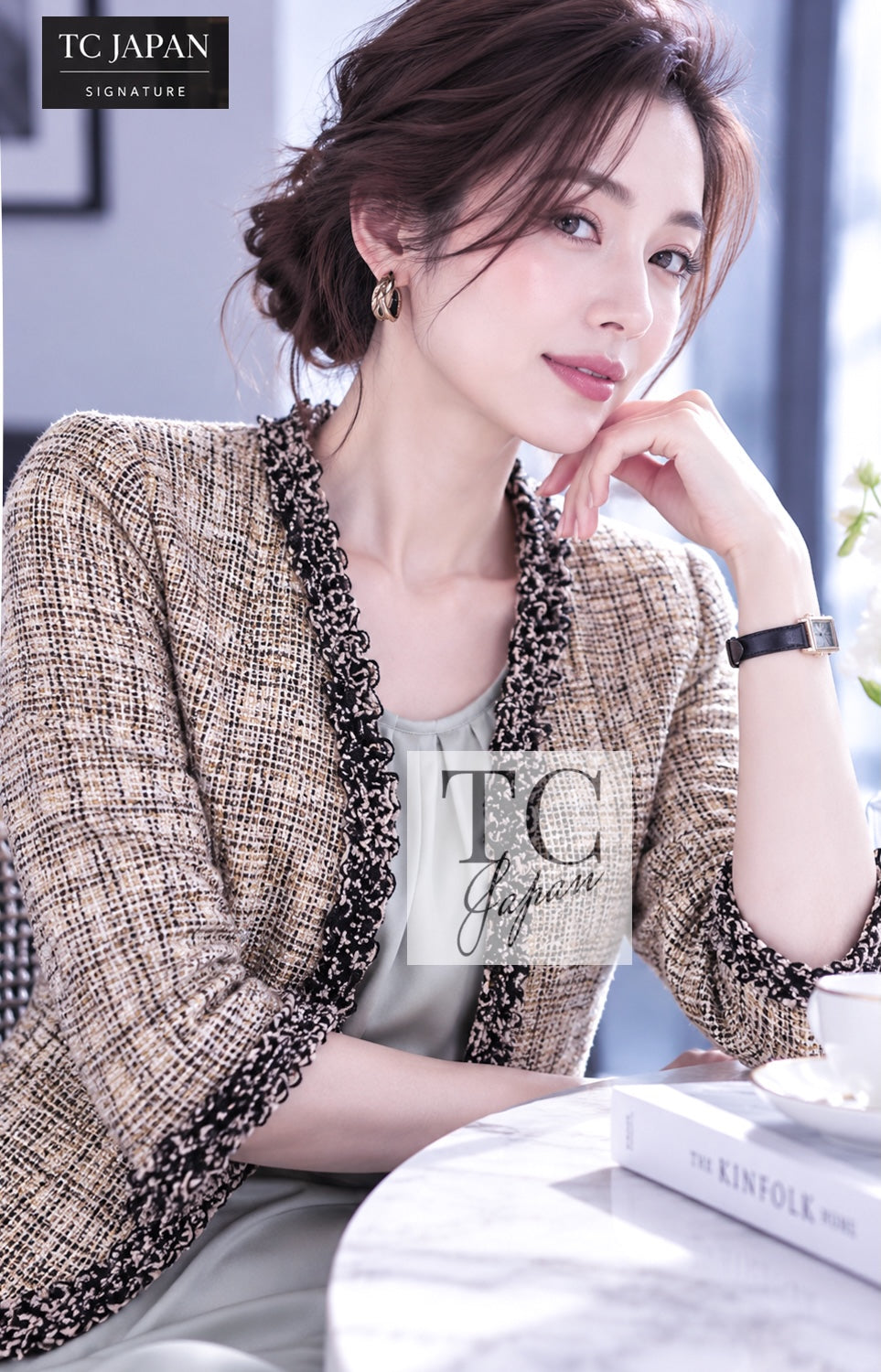 CHANEL Jacket 03S Beige Cotton Ruffled Floral Trim Tweed 36 38 | INT