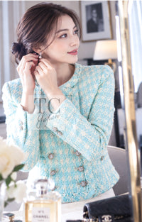 CHANEL 23S Mint Green Ivory Cotton Double Tweed Jacket 38 16