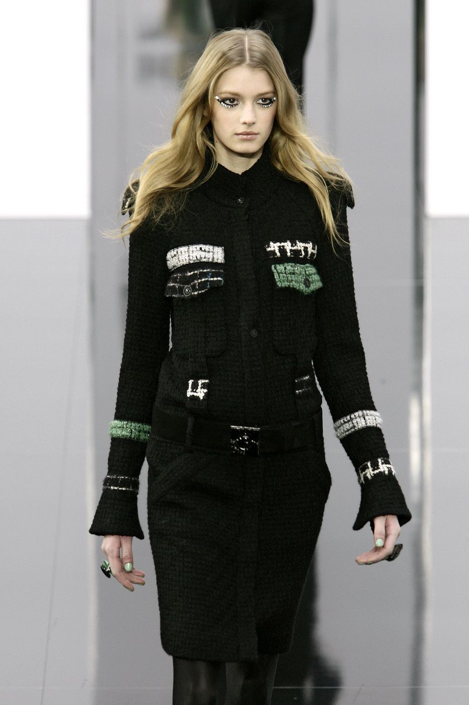 CHANEL Fall Winter 2009 black jacket dress with green and white details