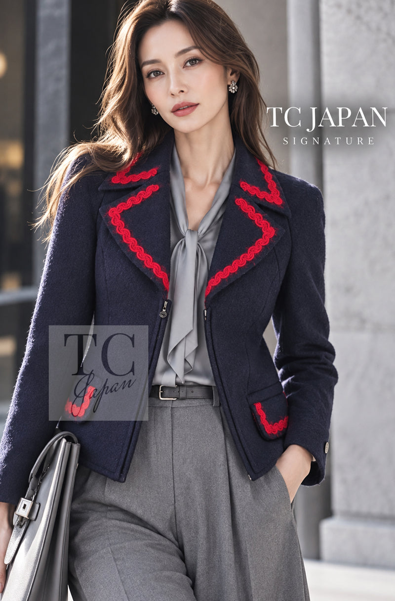 CHANEL 97A Vintage Navy Red Trim Wool Zipup Jacket Coat 36 38 14