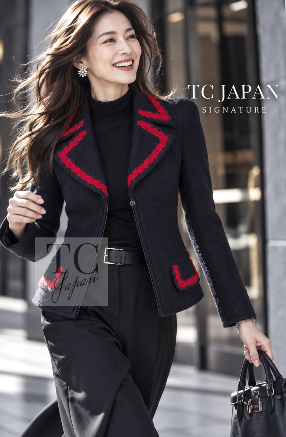 CHANEL 97A Vintage Navy Red Trim Wool Zipup Jacket Coat 36 38 6