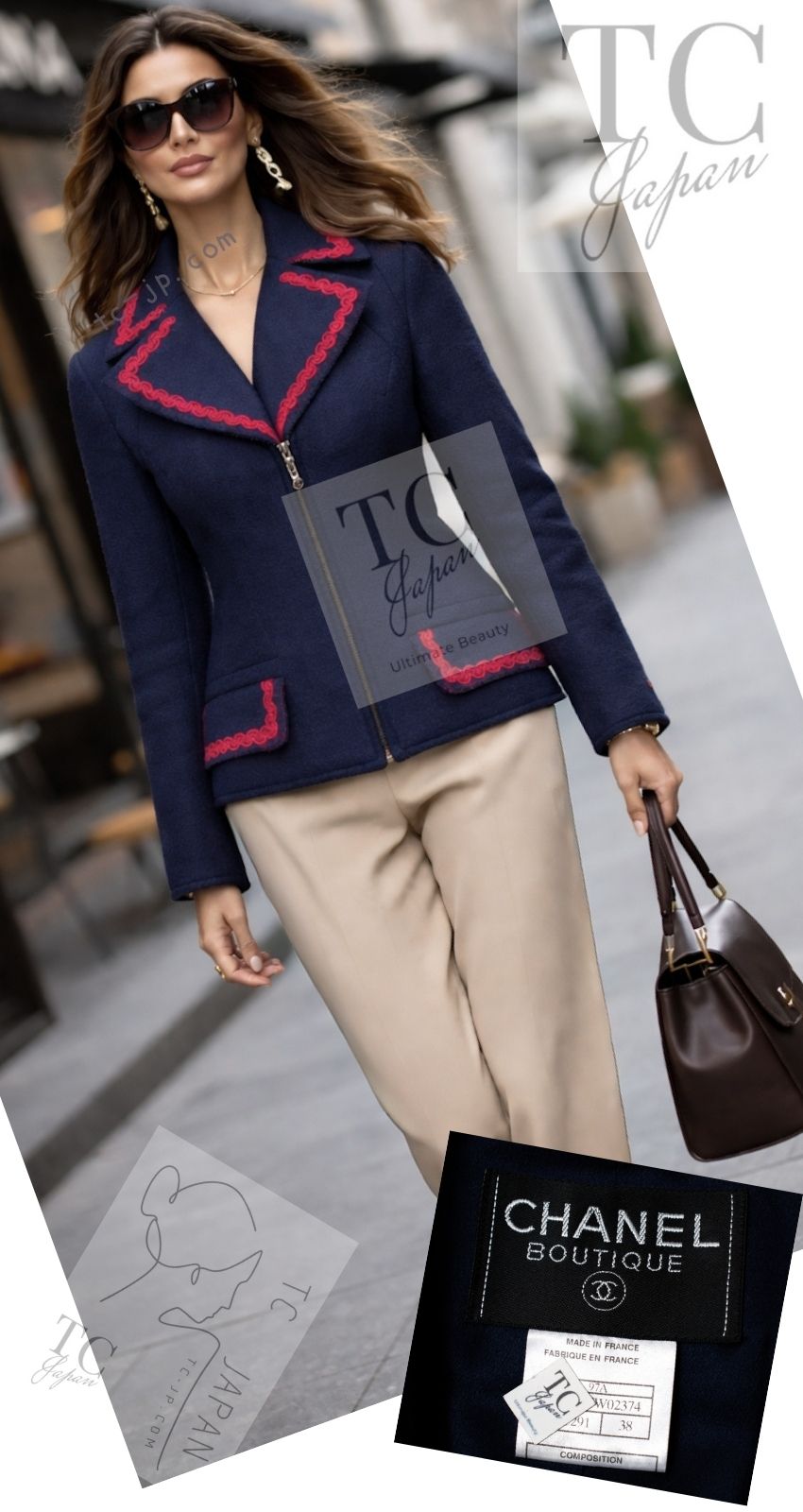 CHANEL 97A Vintage Navy Red Trim Wool Zipup Jacket Coat 36 38 15