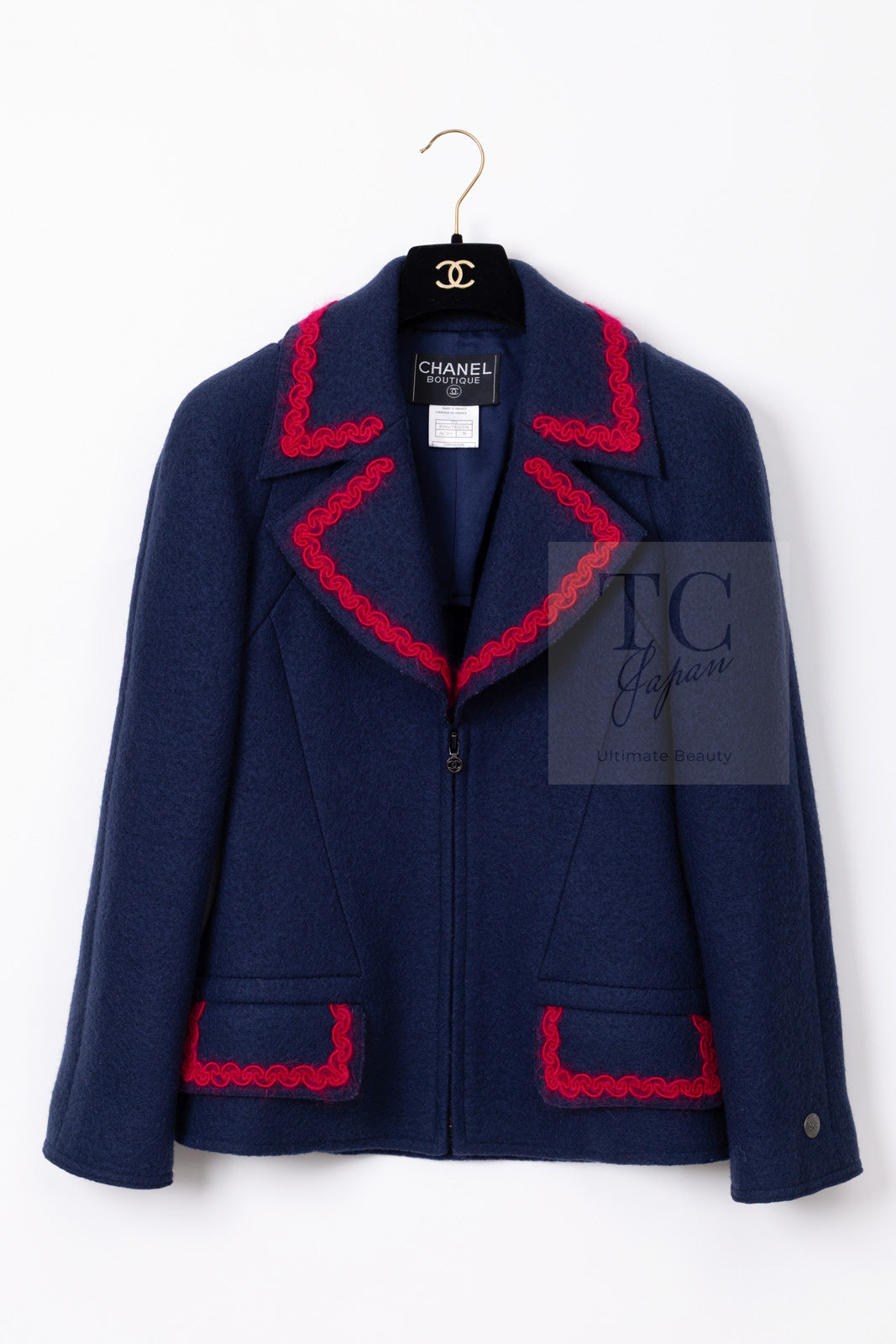 CHANEL 97A Vintage Navy Red Trim Wool Zipup Jacket Coat 36 38 16