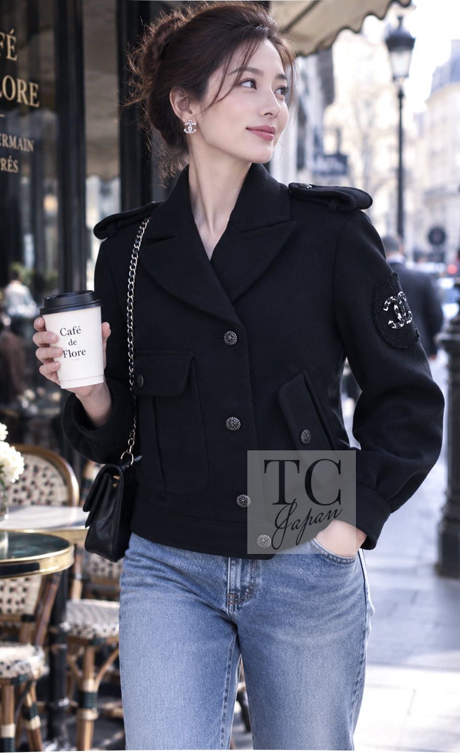 CHANEL Jacket Coat 12A Black CC Logo Riders Blouson Wool 34 36 38 40 | UK